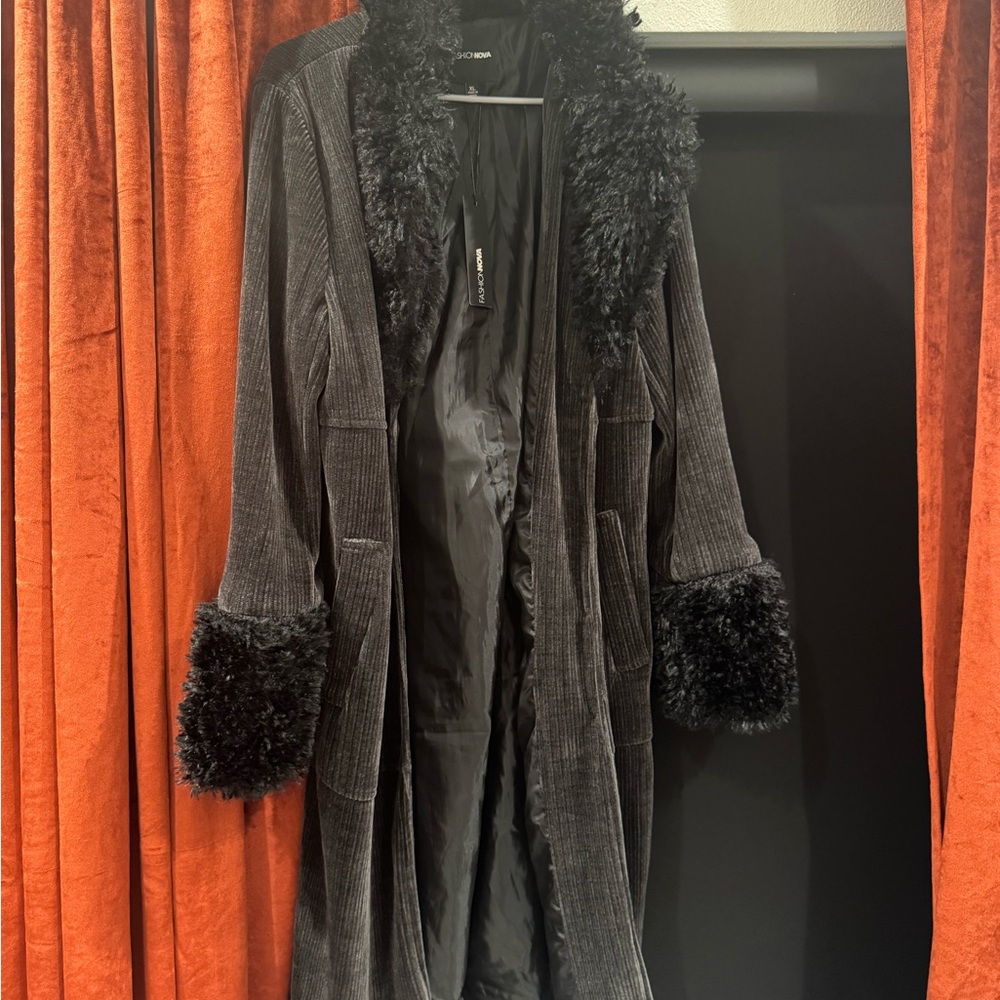 Fashion Nova Black Corduroy Coat with Faux Fur Trim